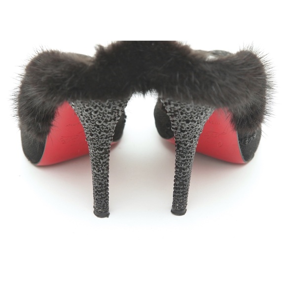 CHRISTIAN LOUBOUTIN Black Mule NUTRIA 120 Fur Crystals Lace Netting Leather 38.5 - Picture 7 of 10